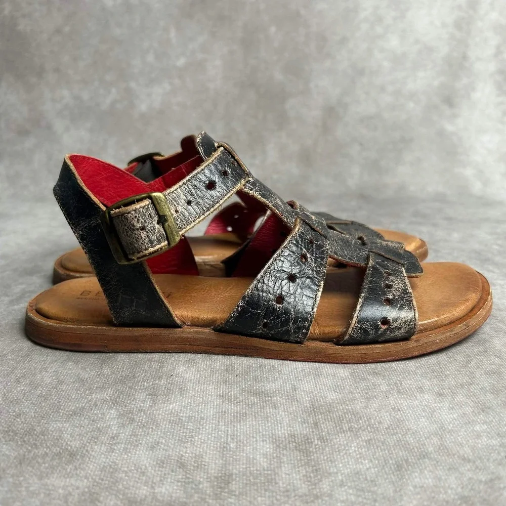 Bed Stu Sue Womens Sz 7 Distressed Black Red Leather Rustic Gladiator Sandals